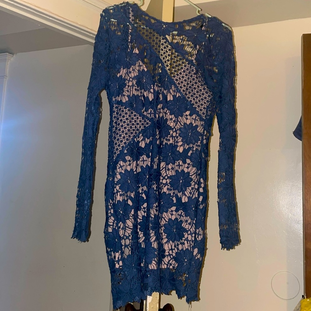 Blue & Tan. Zips in the back, with Blue floral lace.